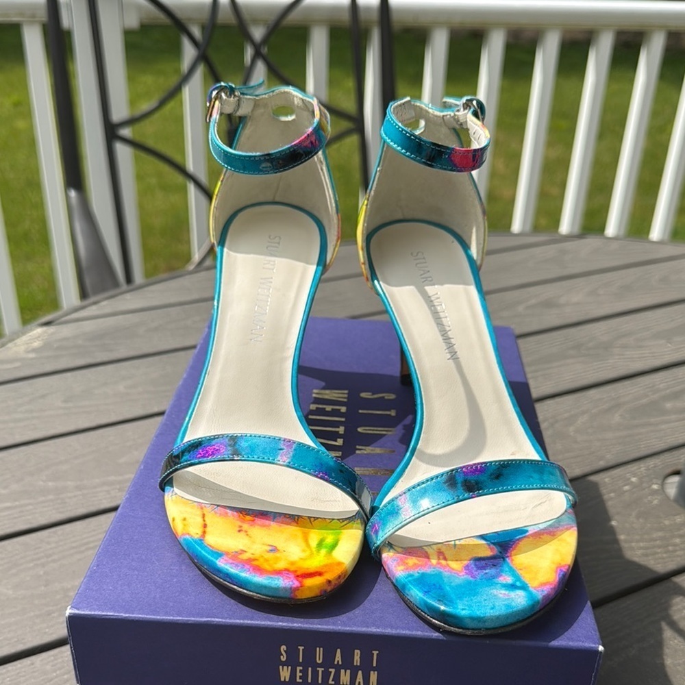 Stuart Weitzman Leather Patent Blue Yellow Pink Heeled Sandal Ankle Strap Size 8 - Picture 2 of 8